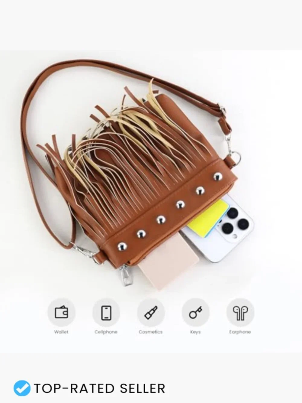 Faux Leather Crossbody Bag with Tassel Rivets Lightweight Versatile Strap